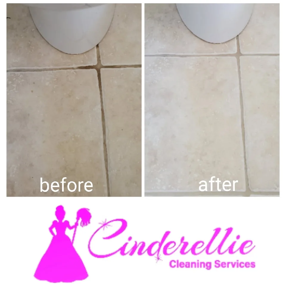 Before and after bathroom floor tile grout cleaning